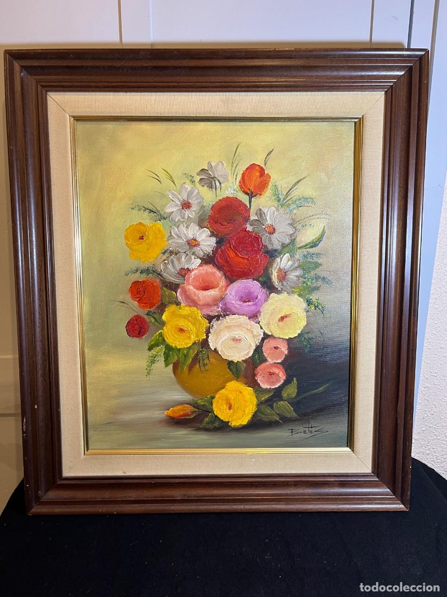 Arte: Cuadro &oacute;leo flores Ram&oacute;n Bet&eacute;s bodeg&oacute;n floral vintage impasto relieve marco cl&aacute;sico espa&ntilde;ol