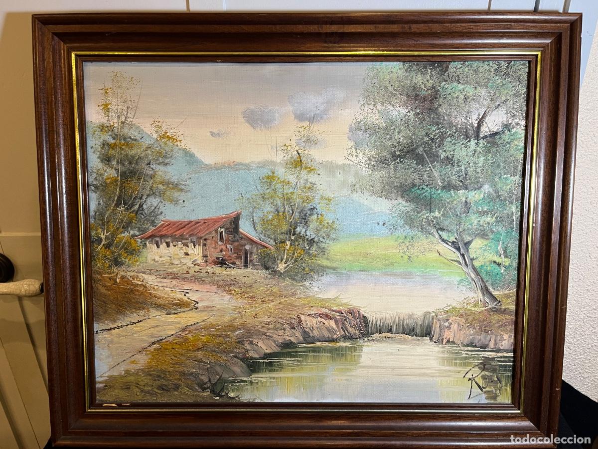 Art: Cuadro &oacute;leo paisaje r&iacute;o cascada firmado Ruj Roj vintage relieve impasto marco cl&aacute;sico rural