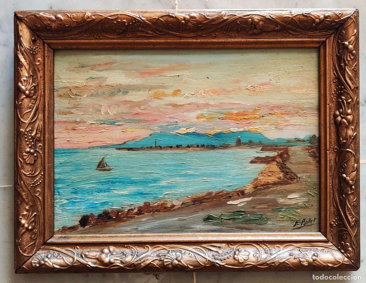 Arte: &Oacute;leo sobre tabla &ndash; Marina con velero de E. Poullet (escuela gaditana)