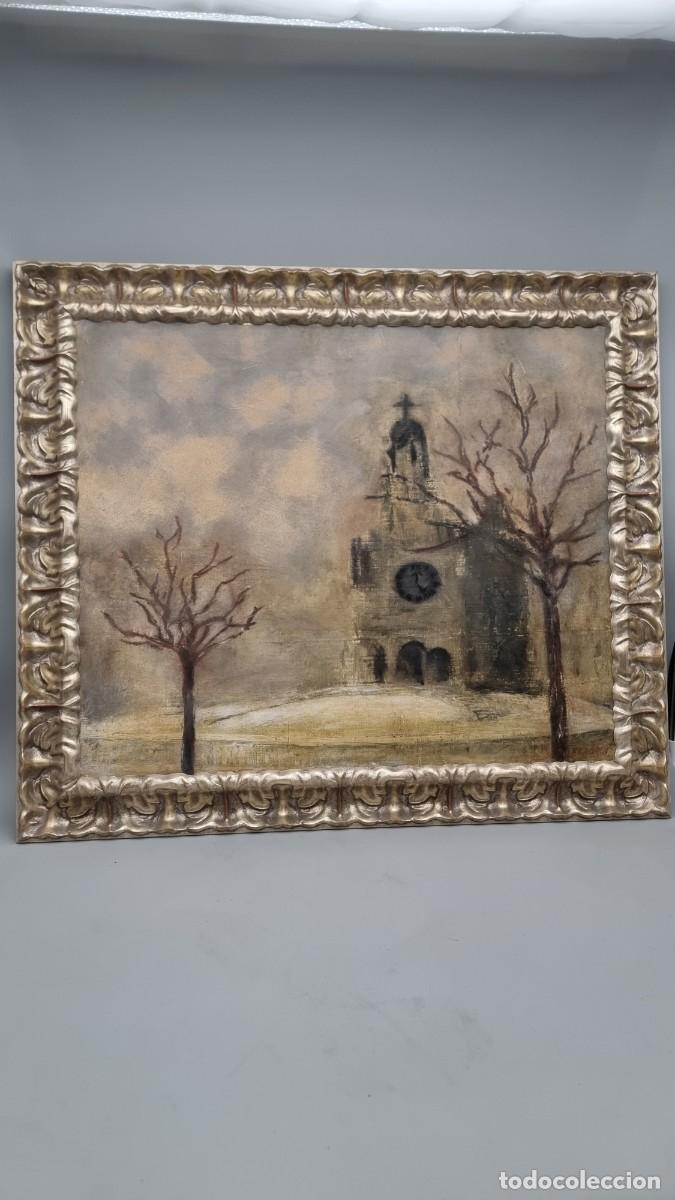Arte: Pintura al &oacute;leo sobre lienzo de iglesia con &aacute;rboles, firmada