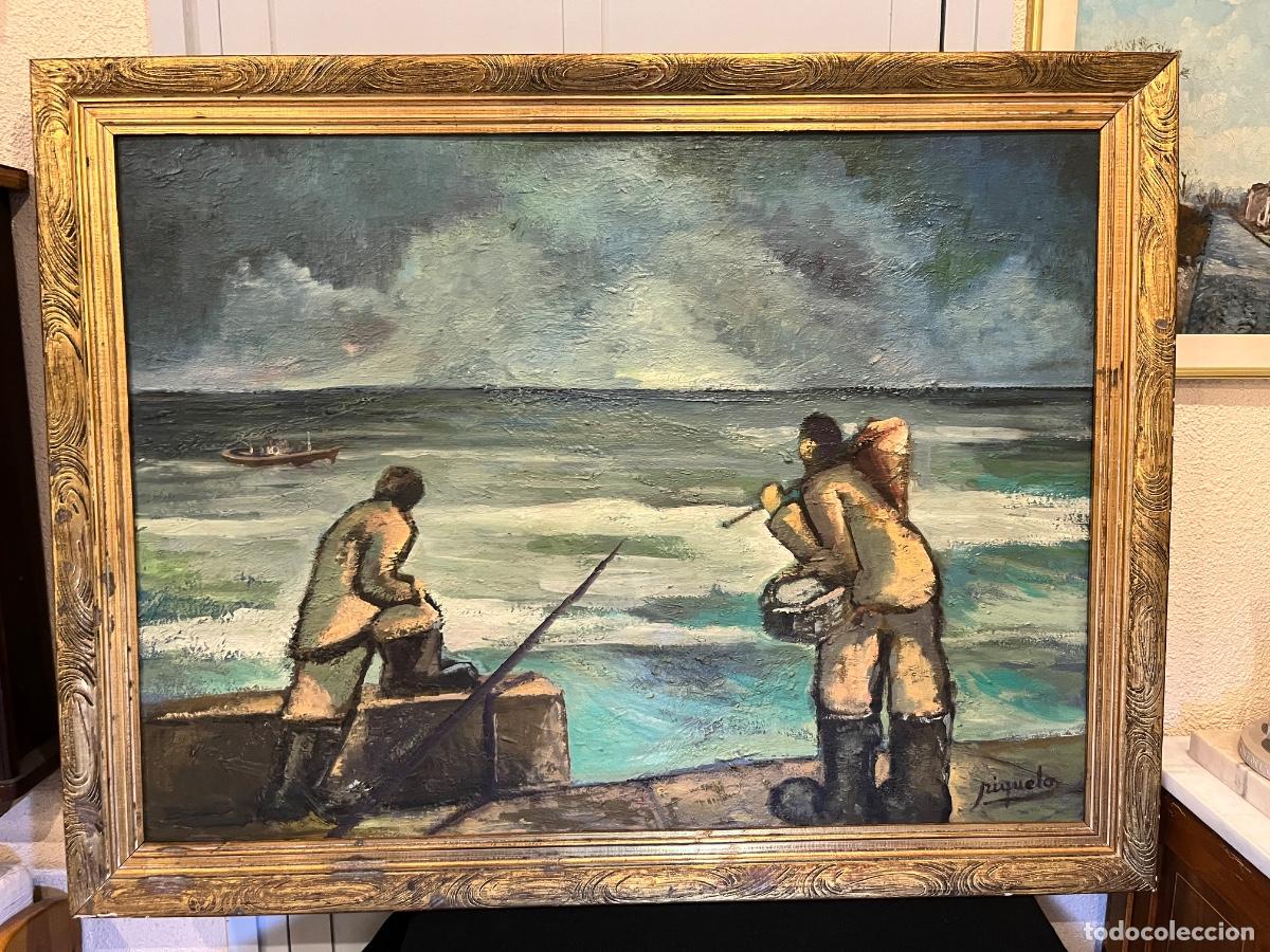 Arte: Riquelo Gran &oacute;leo marinero pescadores Jos&eacute; Garc&iacute;a &Aacute;vila pintura vasca costumbrista vintage 1980-90