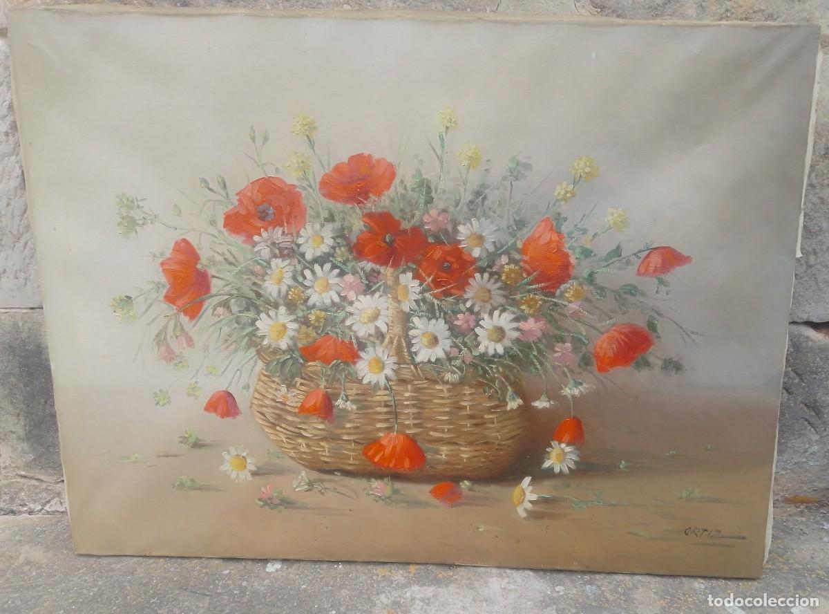 Arte: &Oacute;leo sobre lienzo. Bodeg&oacute;n amapolas y margaritas en cesta de mimbre. Medidas: 81 x 60 cm.