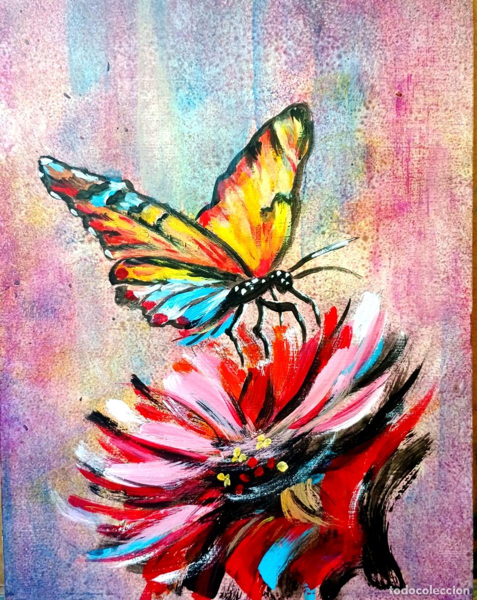 Arte: pintura - mariposa sobre flor