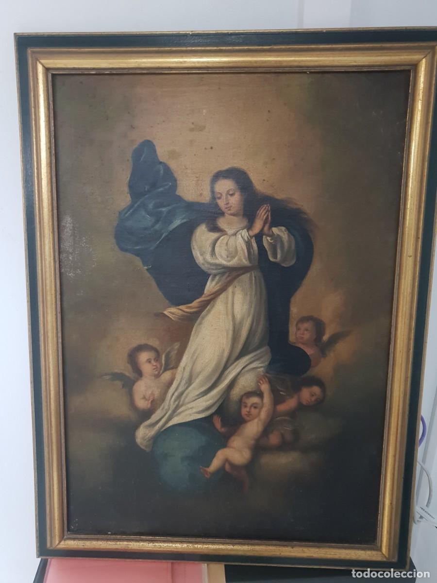Arte: Oleo sobre lienzo siglo xix virgen inmaculada concepci&oacute;n firmada por detras y dedicada