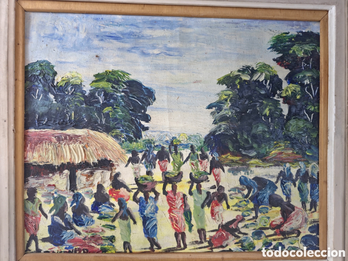 Arte: Escena costumbrista africana - Poblado / Mercado - Firmado P. Nsonda - S. XX
