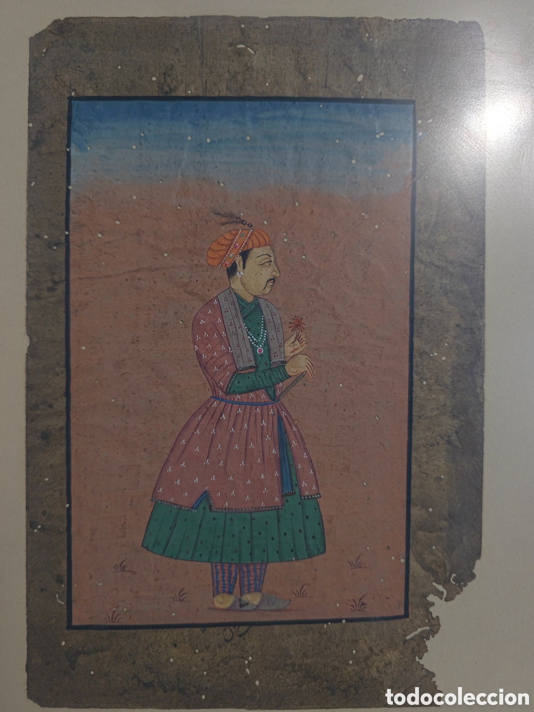 Arte: Antigua Pintura Miniatura Mogol S.XIX - Retrato Dignatario Con Flor - Arte India / Indo-Persa