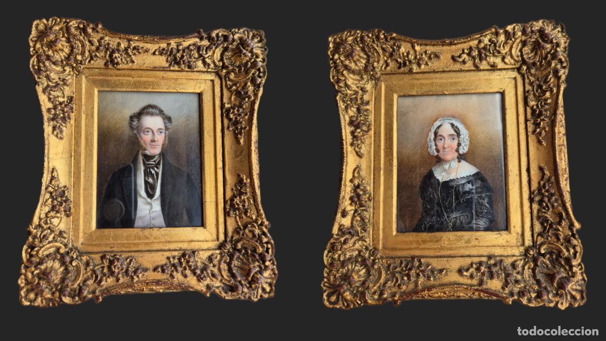 Arte: Pareja de retrato s miniatura al &oacute;leo, inicios S. XIX.