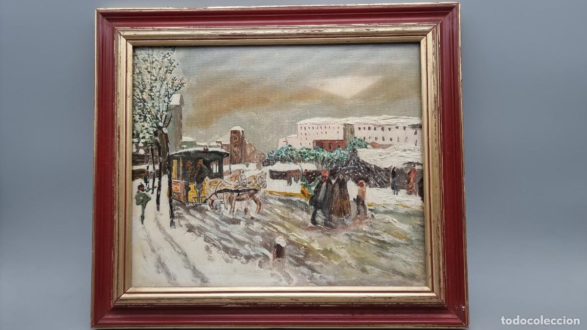 Arte: Pintura escena urbana invernal con carruaje y mercado