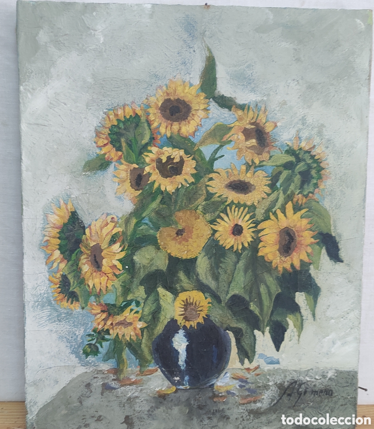 Arte: Oleo girasoles firma A. Gimeno