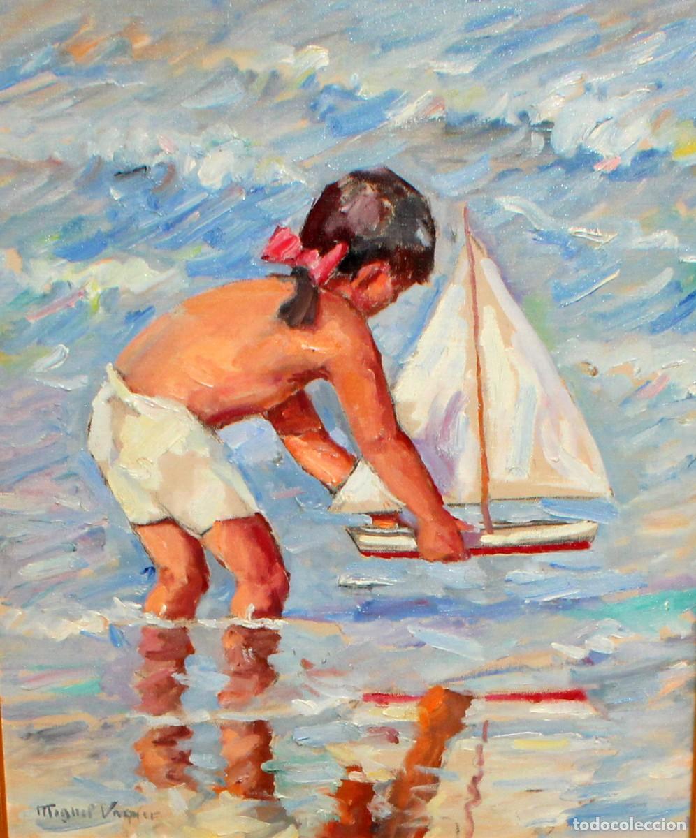 Arte: MIGUEL VAQUER CALUMARTE (Ondara, 1910 - 1988) OLEO SOBRE TELA. MONICA EN LA PLAYA