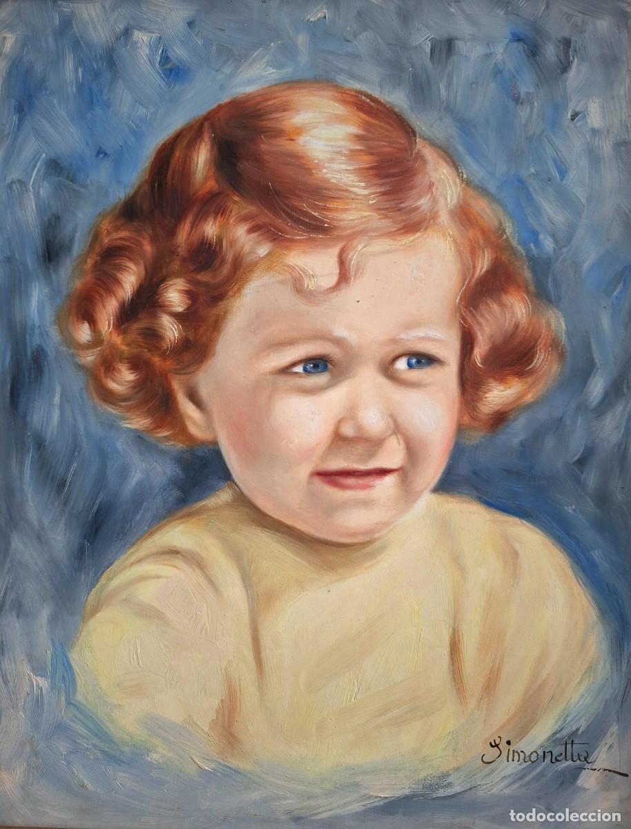 Arte: &Oacute;leo sobre tabla firmado con retrato infantil ni&ntilde;a &ndash;Cuadro decoraci&oacute;n vintage 1940