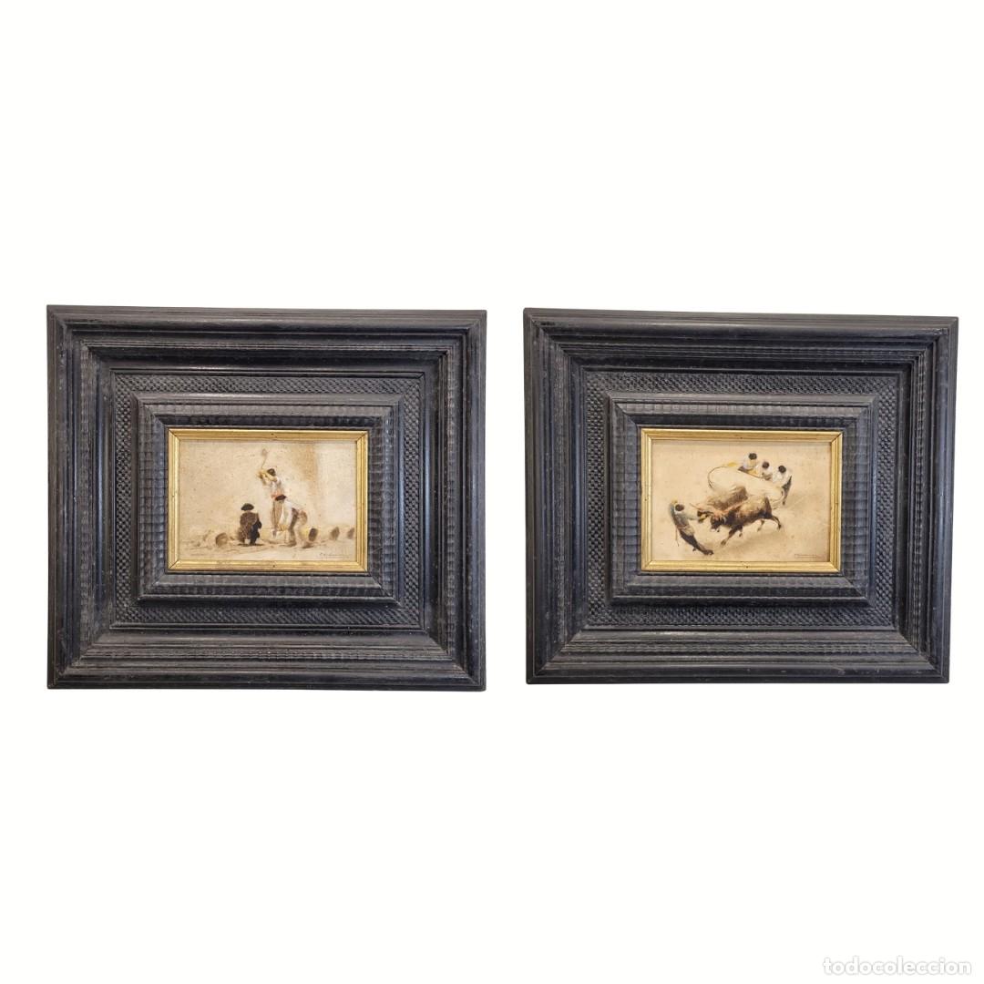 Arte: &Oacute;leo sobre tabla &ldquo;Pareja de escenas r&uacute;sticas&rdquo;, C. Vidaime, p. s. XX - Espa&ntilde;a