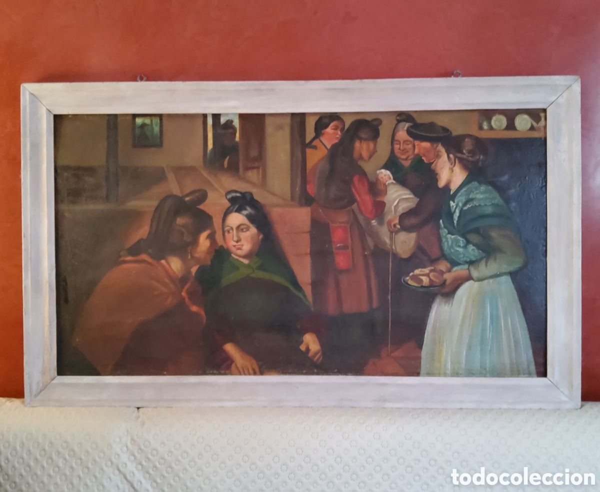 Arte: ANTIGUO OLEO QUE REPRESENTA UNA ESCENA COSTUMBRISTA DE UN NACIMIENTO CON LOS INVITADOS