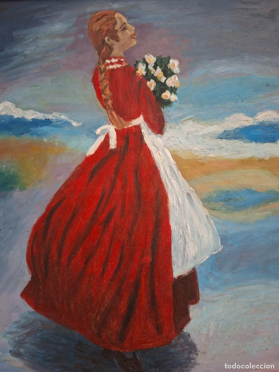 Arte: Oleo sobre lienzo firmado. Pintura vintage figurativa y decorativa &rdquo;Muchacha con ramo&rdquo;