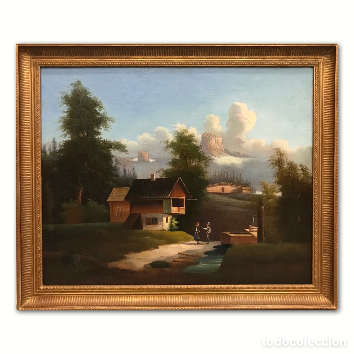 Arte: &rdquo;Paisaje Alpino con Personajes y Fuente&rdquo; Escuela Franco-Suiza de finales del S.XVIII aprox