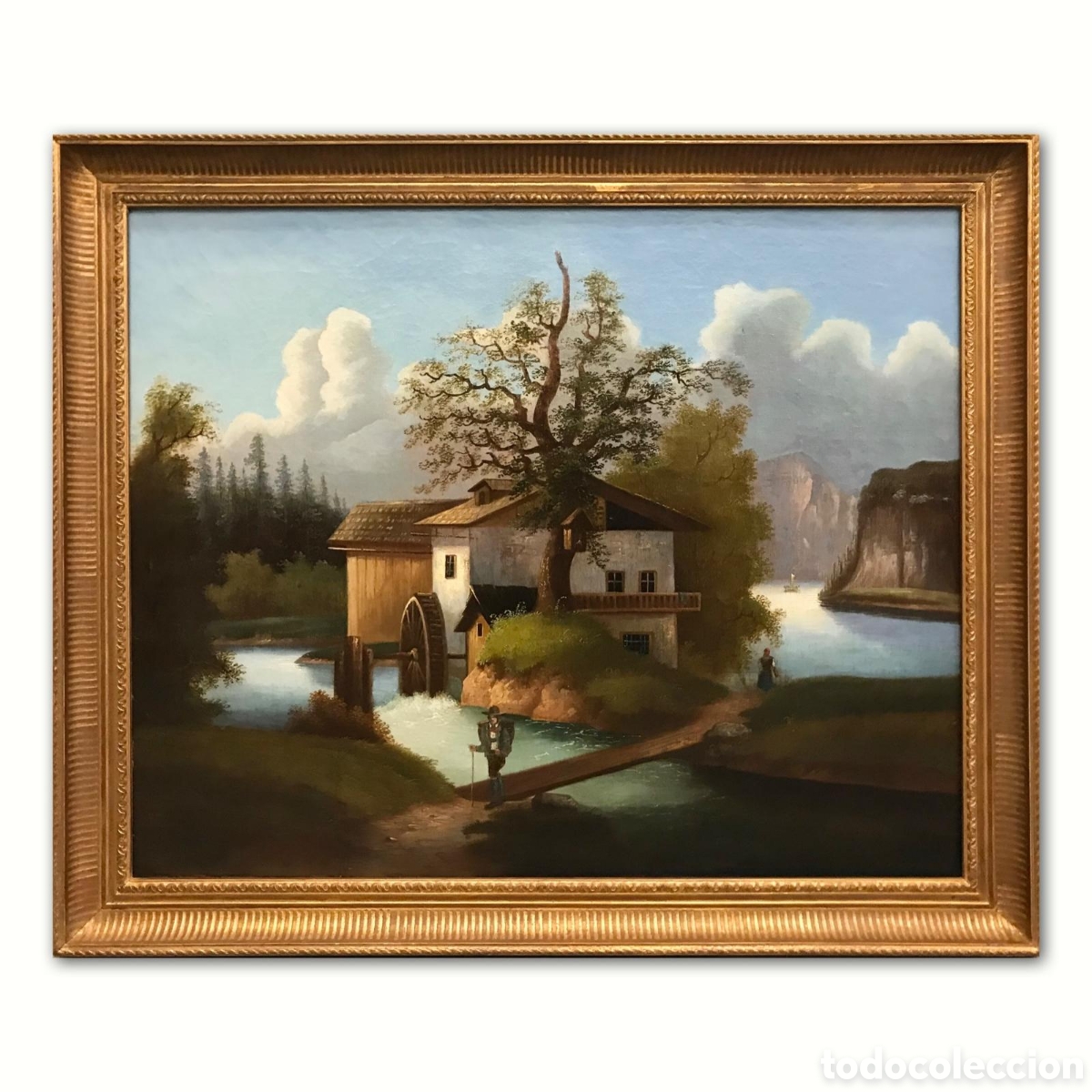 Kunst: &rdquo;Paisaje Alpino con Molino de Agua y Personajes&rdquo; Escuela Franco-Suiza de finales del S.XVIII