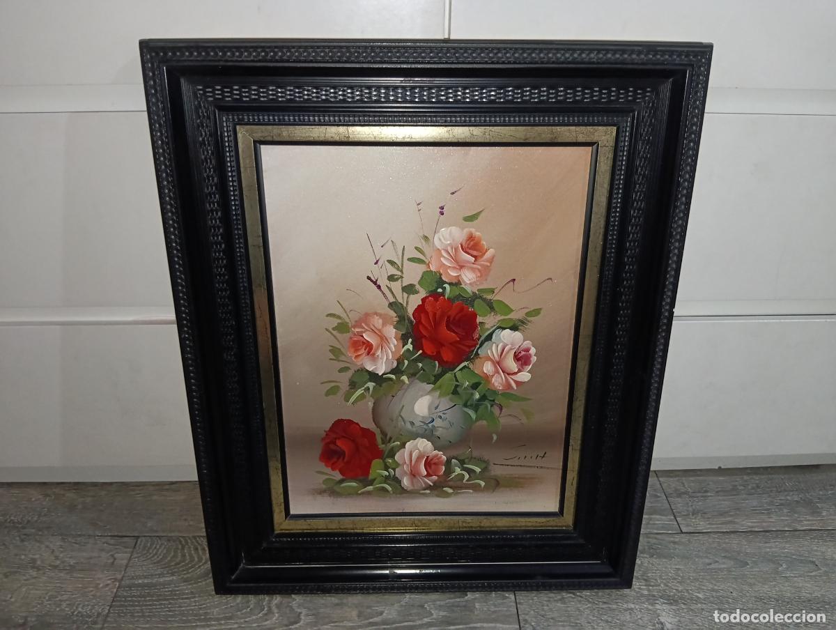 Arte: Cuadro al &oacute;leo Bodeg&oacute;n de rosas en jarr&oacute;n Firmado Marco cl&aacute;sico negro y dorado enmarcado en Jerez