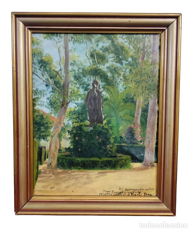 Arte: VISTA DE UNA PLAZA CON ESCULTURA. MARTI BAS. &Oacute;LEO SOBRE LIENZO. ESPA&Ntilde;A. SIGLO XX.