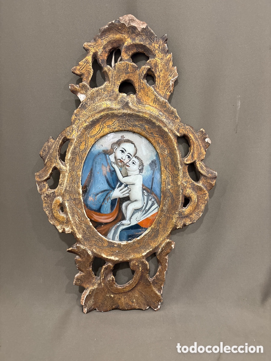 Arte: Antigua pintura en cristal enmarcada en cornucopia siglo XIX,SAN JOS&Eacute; CON NI&Ntilde;O EN BRAZOS*ver fotos