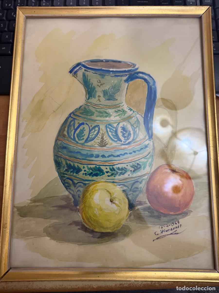 Arte: P- BODEGON DE UN JARRON CON DOS PIEZAS DE FRUTA DEL 18- 2- 1.969 FIRMADO POR C. HERNANDEZ