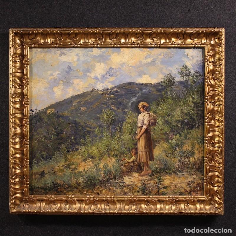 Arte: Paisaje con figura, pintura italiana firmada y fechada en 1914.