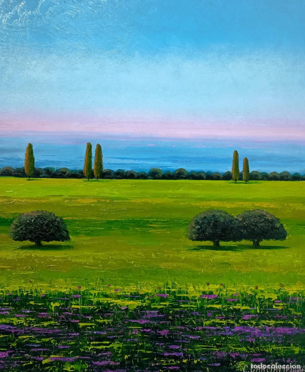 Arte: CUADRO &Oacute;LEO &rdquo;CREPUSCULO CHOPOS Y ENCINAS&rdquo;