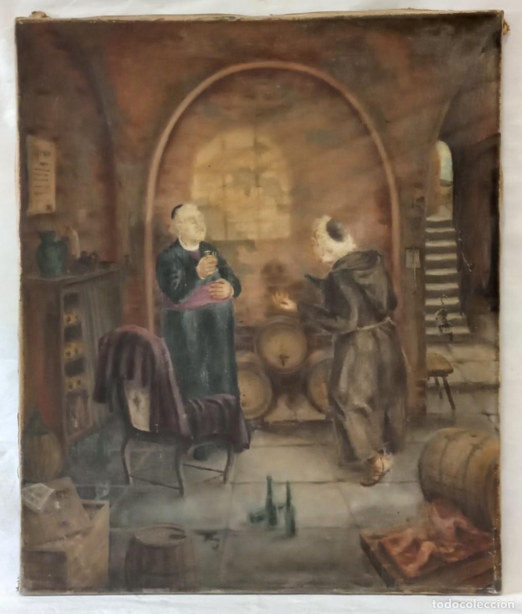 Arte: ANTIGUA PINTURA AL OLEO &acute;&acute; FRAILES BEBIENDO EN BODEGA &acute;&acute; ANONIMO - S. XIX