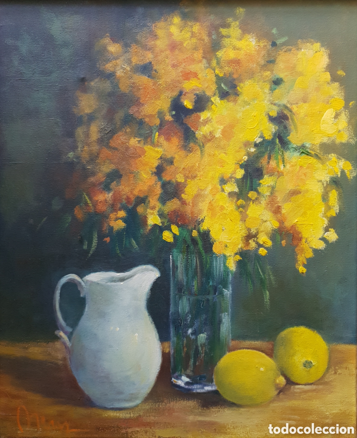 Arte: Autoria Desconocida - Naturaleza Muerta con Jarra Blanca, Flores y Limones.Oleo/Tela.Firmado.