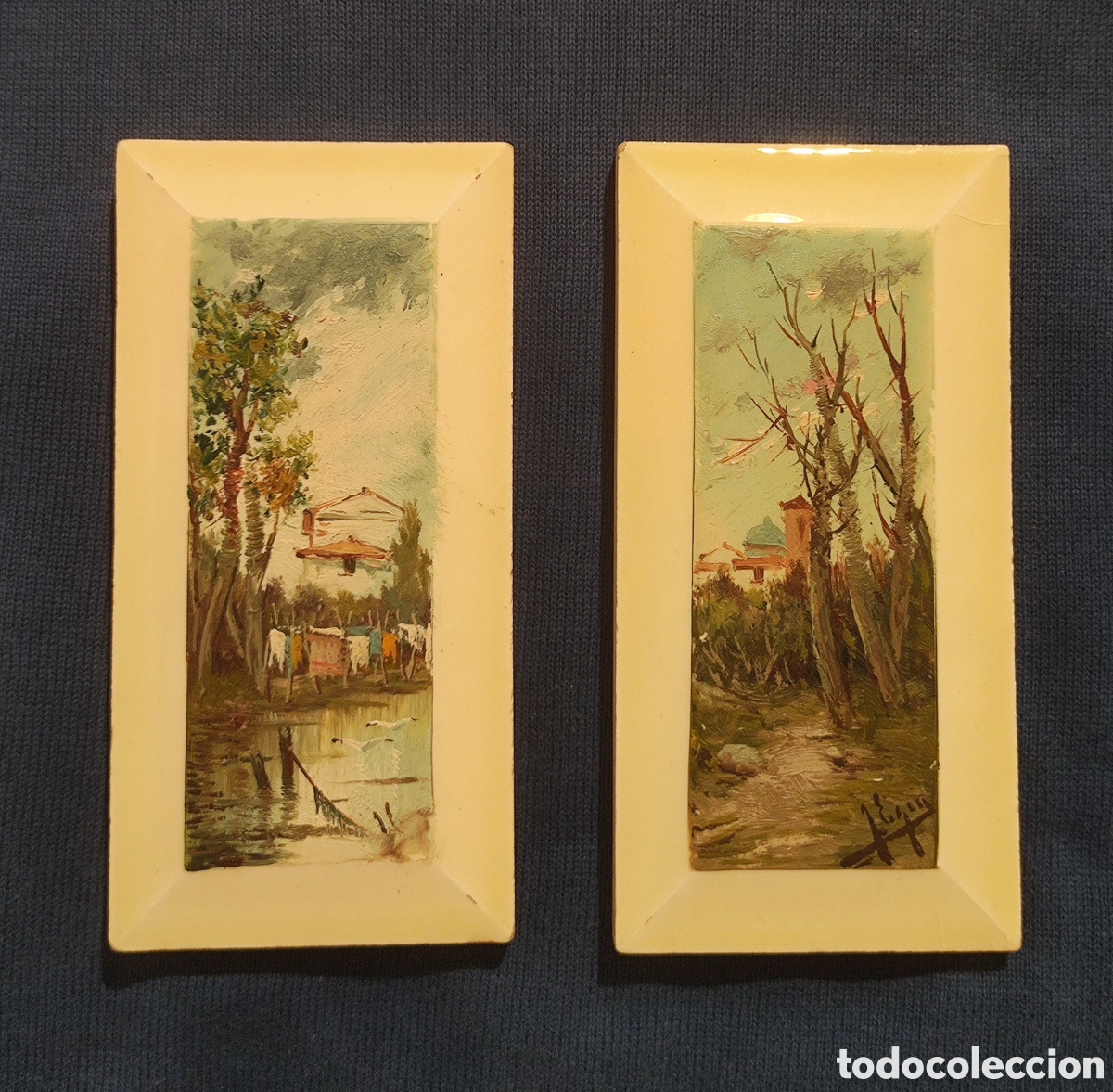 Arte: EGEA Y MAR&Iacute;N, Juan, PAREJA DE PAISAJES AL &Oacute;LEO SOBRE AZULEJOS