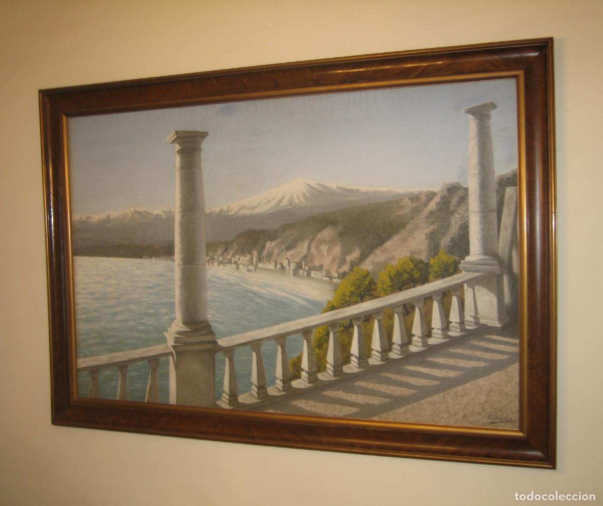 Arte: VISTA DE TAORMINA CON EL VOLC&Aacute;N ETNA. SICILIA. ITALIA. &Oacute;LEO. FIRMADO, C. SEIQUER. MURCIA.