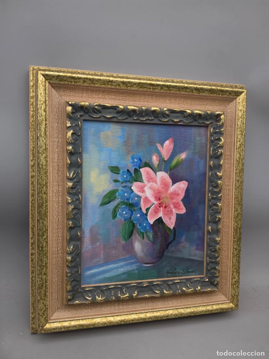 Arte: Cuadro floral sobre lienzo firmado con marco decorativo
