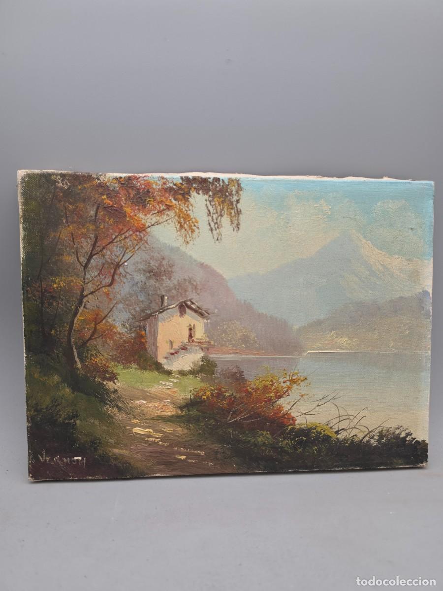 Arte: &Oacute;leo sobre lienzo firmado &ndash; Paisaje lacustre de monta&ntilde;a