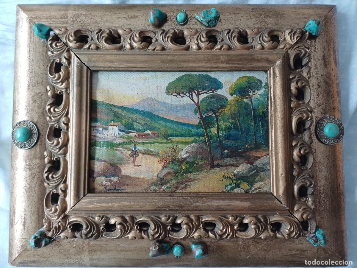 Arte: &Oacute;leo sobre lienzo Jos&eacute; Mar&iacute;a Jardines - Paisaje Rural con Jinete - Firmado