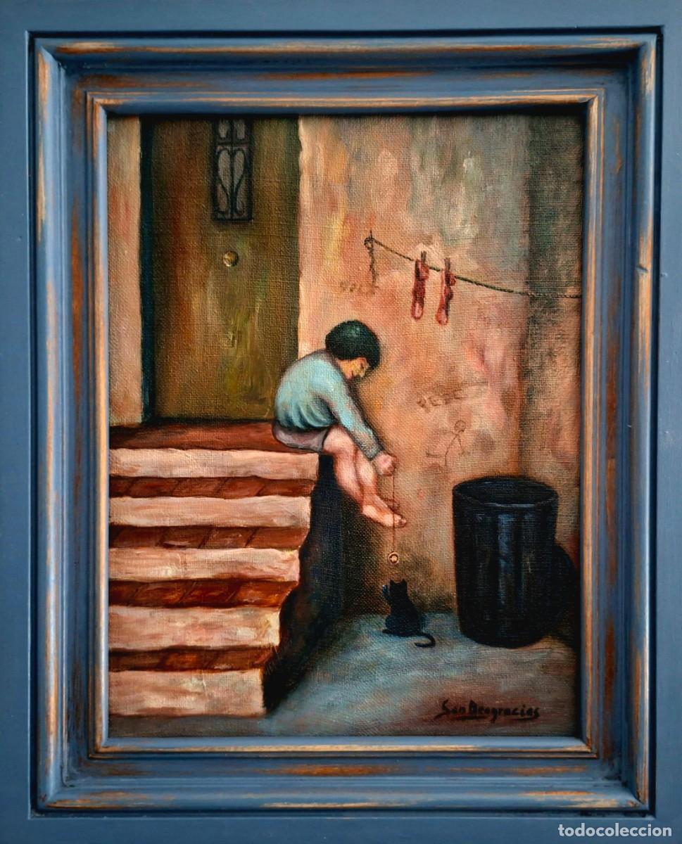 Arte: Ni&ntilde;o descalzo y gato negro. Cuadro &Oacute;leo sobre lienzo firmado (1970-1980) - Decoraci&oacute;n coleccionismo
