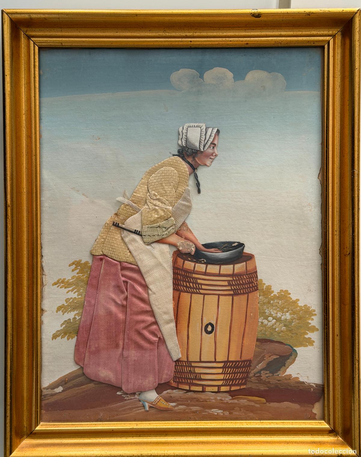 Arte: Cuadro pintado , escena realizada a gouache y textil , Francia , S. XIX ,dressed picture, R745
