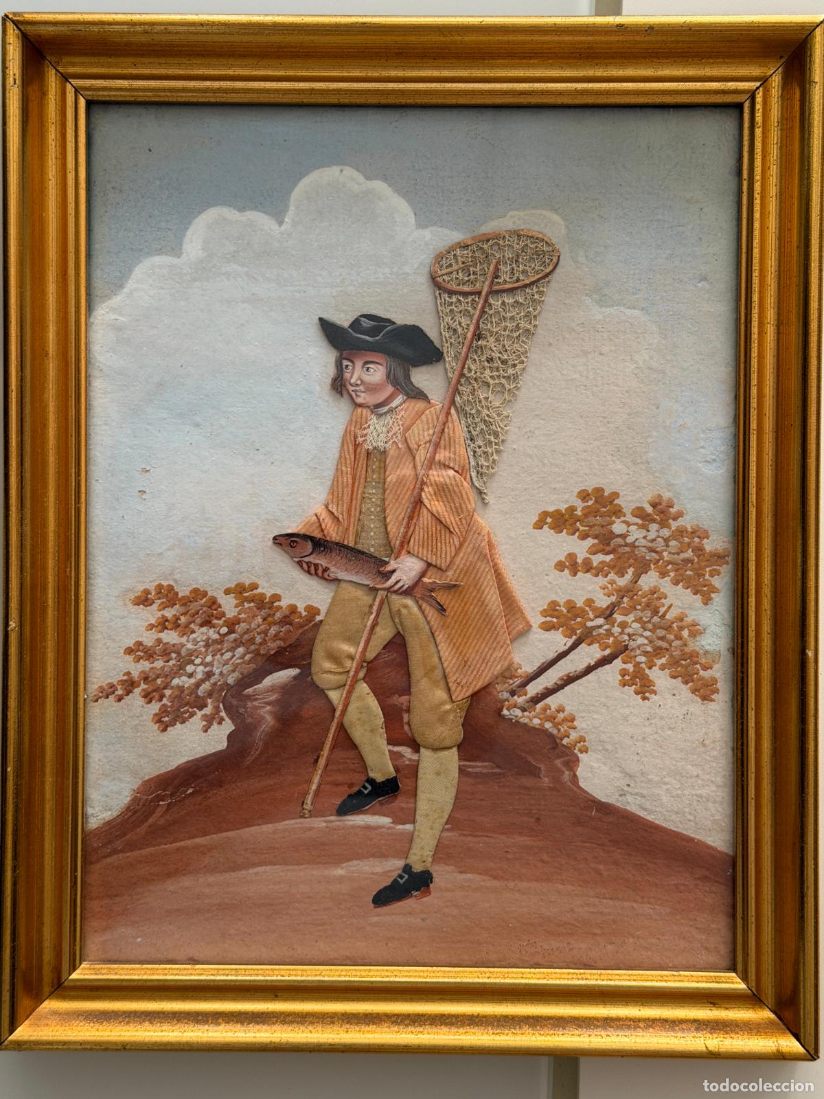 Arte: Cuadro pintado , escena realizada a gouache y textil , Francia , S. XIX ,dressed picture, R746