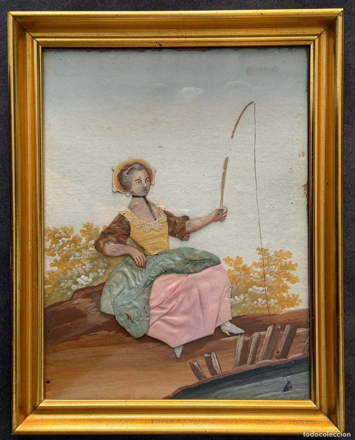Arte: Cuadro pintado , escena realizada a gouache y textil , Francia , S. XIX ,dressed picture, R747