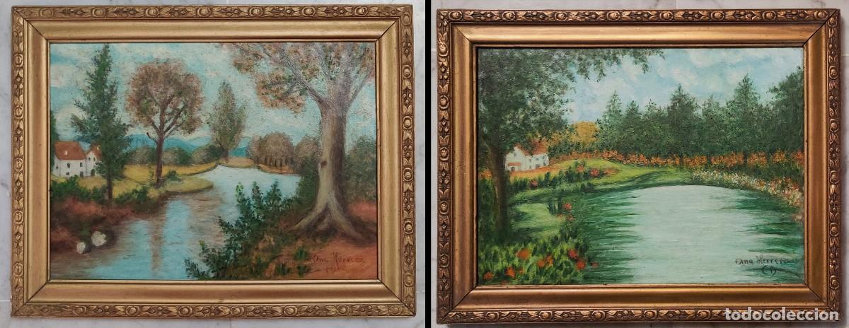 Arte: Pareja de &Oacute;leos sobre Tablex de Paisajes Rurales Espa&ntilde;oles &ndash; Ana Herrera (S.XX)