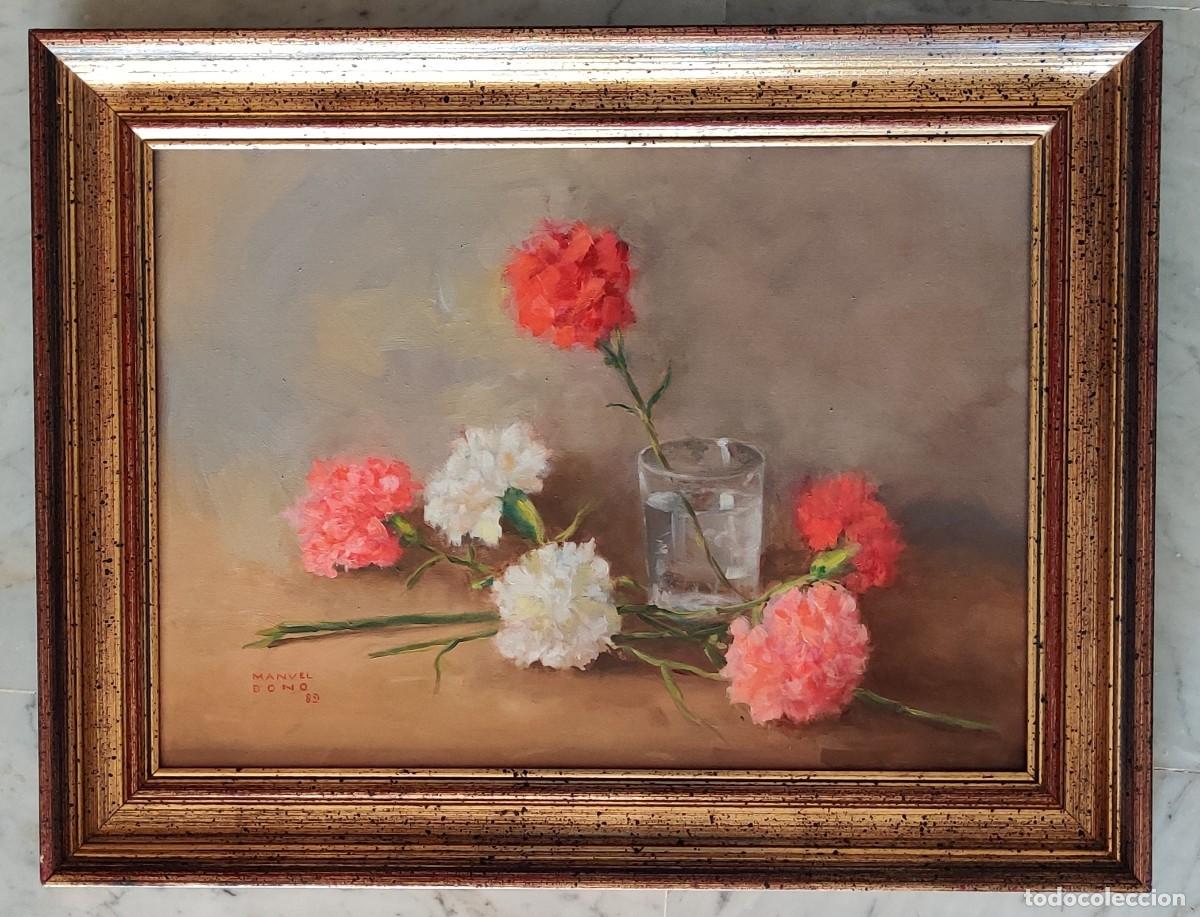 Arte: &Oacute;leo sobre tabla (MDF) - &rdquo;claveles&rdquo; &ndash; Manuel Bono - 1989