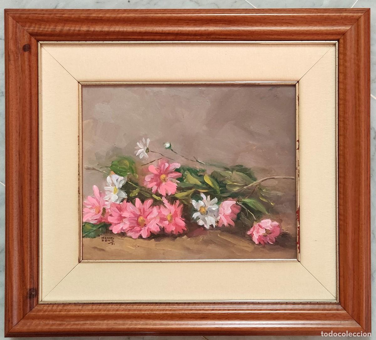 Arte: &Oacute;leo sobre tabla (MDF) &rdquo;margaritas y gerberas&rdquo;&ndash; Manuel Bono - 1991