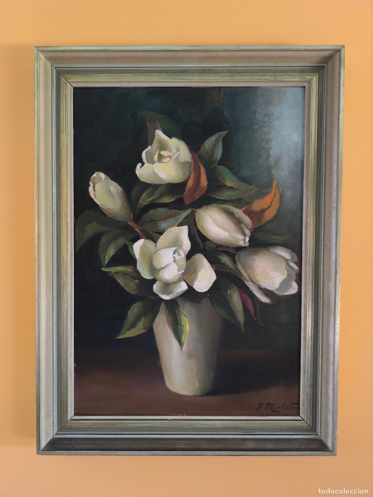 Arte: &Oacute;leo sobre tabla F. Marlasca 46x60 cm. Jarr&oacute;n de tulipanes blancos. Sello trasero Gesetzlich