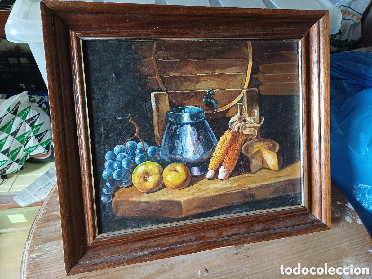 Arte: Bonito cuadro de bodeg&oacute;n con frutas ma&iacute;z y un tonel Pintura arte