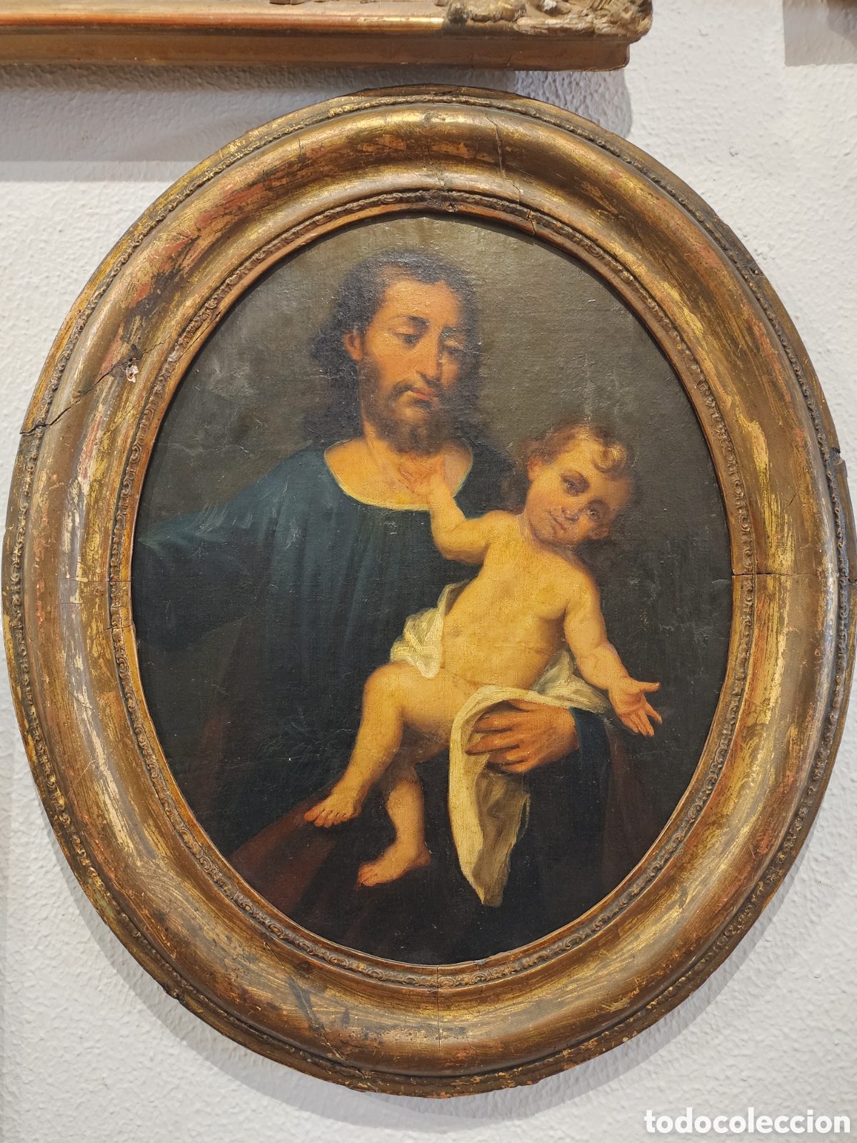 Arte: Cuadro antiguo oleo sobre lienzo siglo XIX san Jose con el ni&ntilde;o