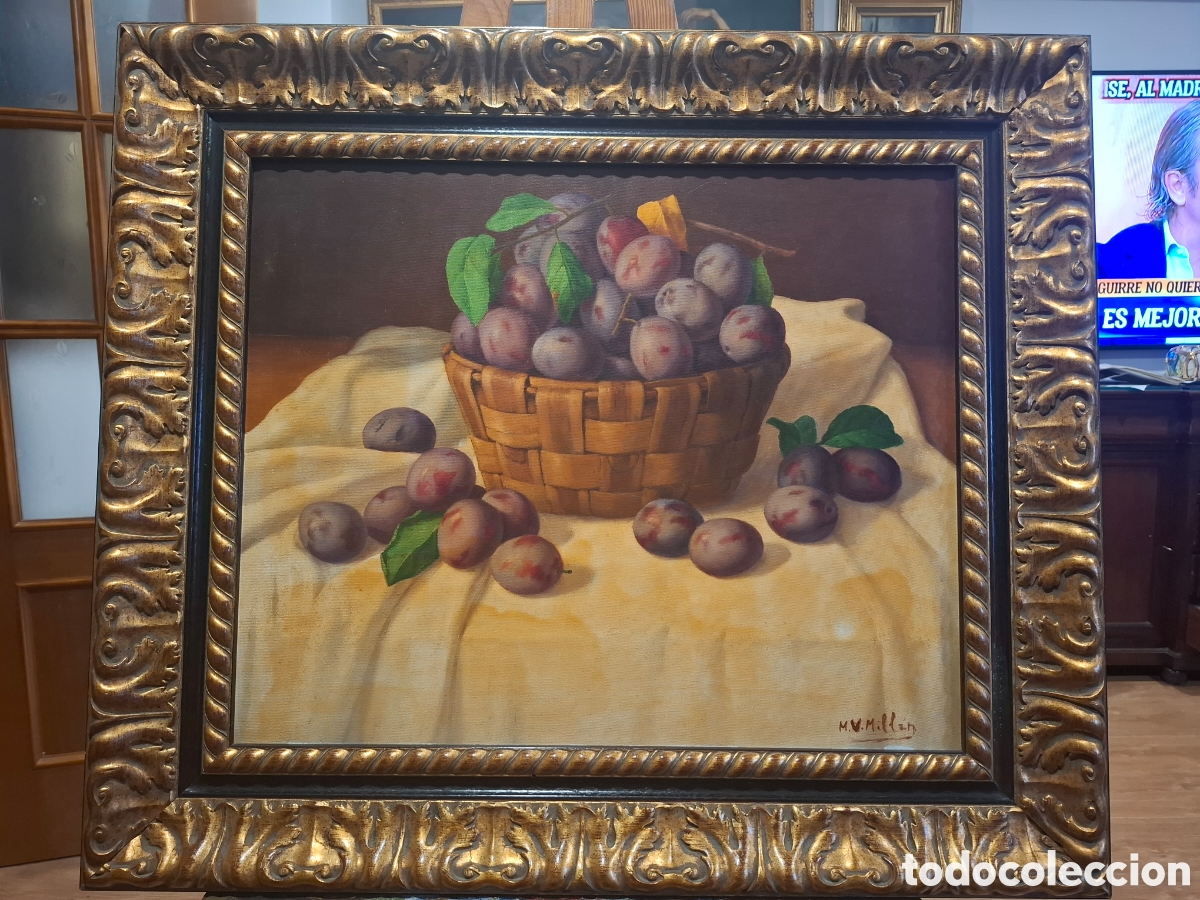 Arte: Oleo bodegon de ciruelas de manuel ventura millan 81x70