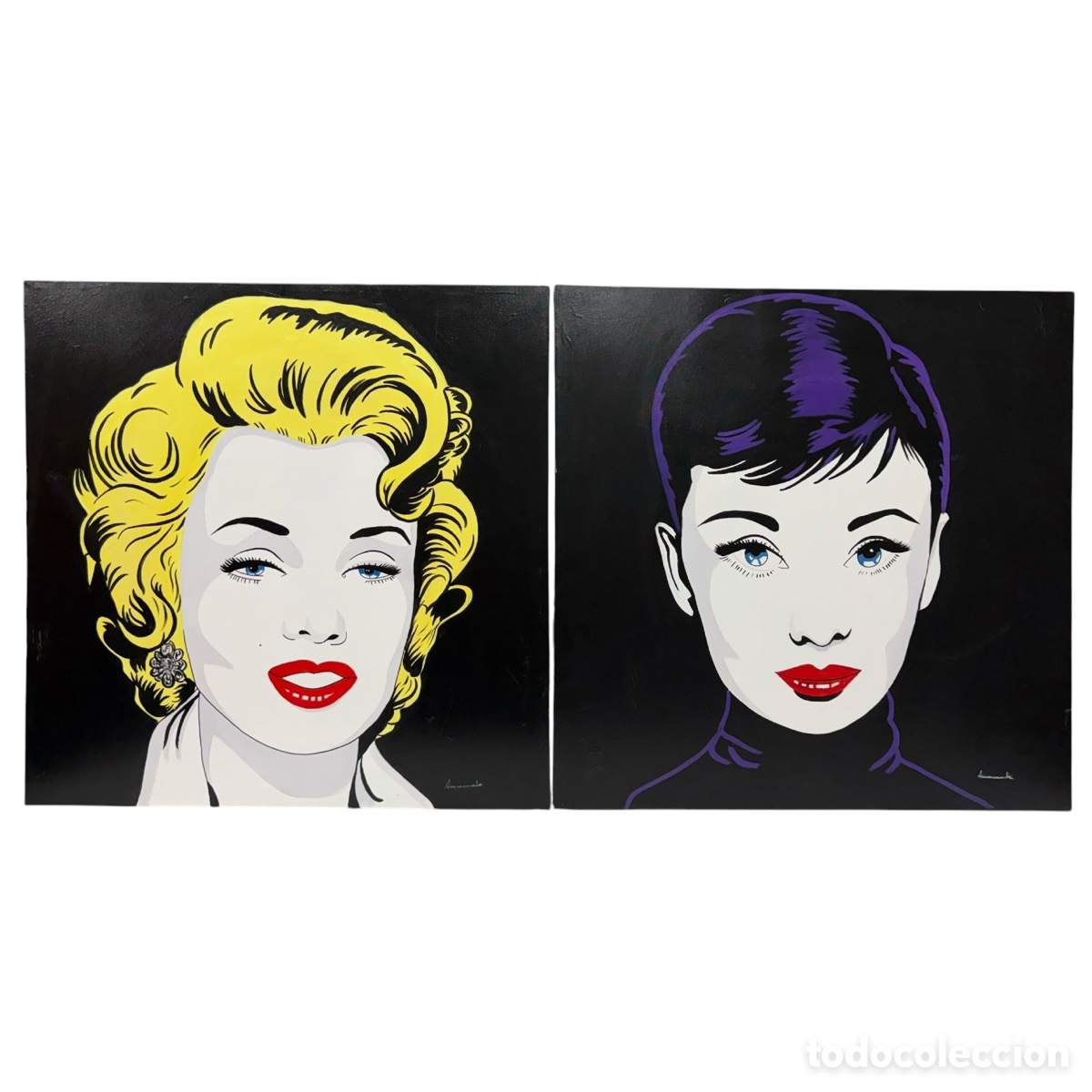 Arte: Pareja de pinturas Art Pop de Marilyn Monroe y Audrey Hepburn firmados por Amanache