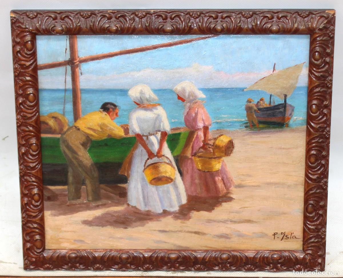 Arte: PASCUAL YSLA GARCIA (1876 - ??) OLEO SOBRE CARTON. ESCENA DE PESCA