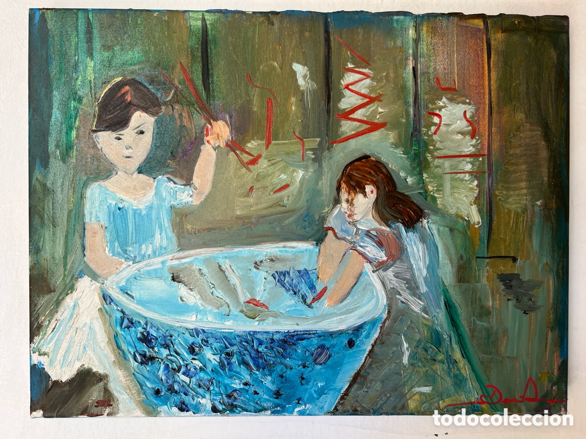 Arte: Coppia in lavatoio 30x40cm su tela originale