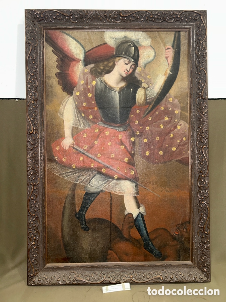 Arte: &Oacute;LEO SOBRE LIENZO SAN MIGUEL ARCANGEL VICTORIOSO SOBRE EL DEMONIO, ESCUELA CUZQUE&Ntilde;A S.XVIII