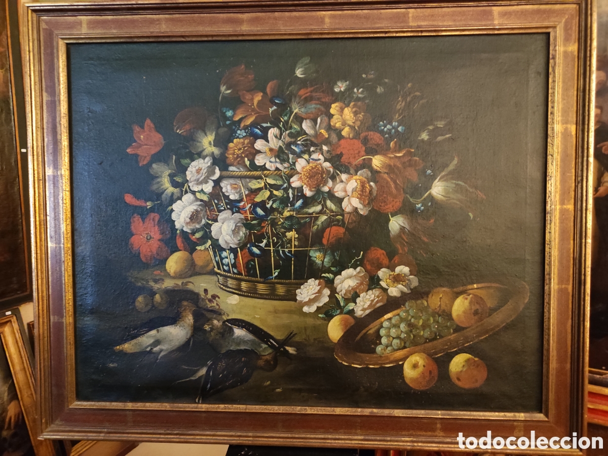 Arte: Bodegas de cesta de flores y caza y frutas