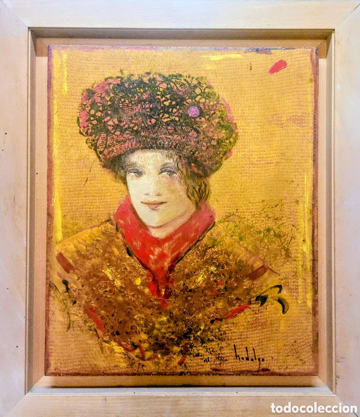 Arte: JOAQUIM HIDALGO OLEO EN MADERA DAMA DEL PA&Ntilde;UELO ROJO 46X38